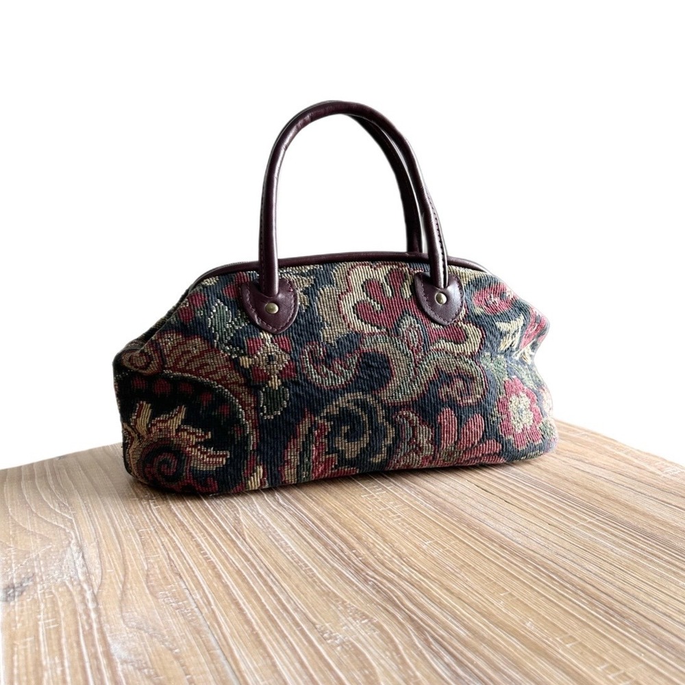 Vintage Tapestry Floral Satchel Bag Burgundy Woven Top Handle Handbag